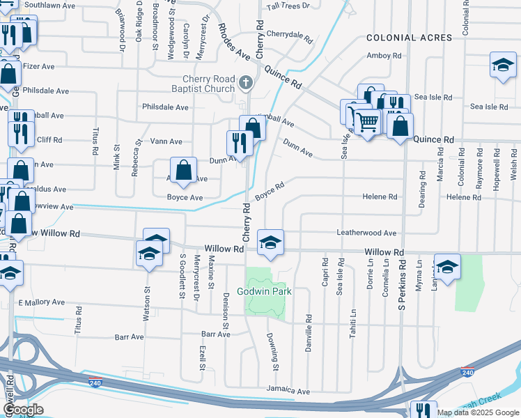 map of restaurants, bars, coffee shops, grocery stores, and more near 1597 Gilson Road in Memphis