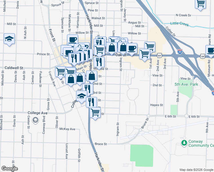 map of restaurants, bars, coffee shops, grocery stores, and more near 619 2nd Street in Conway