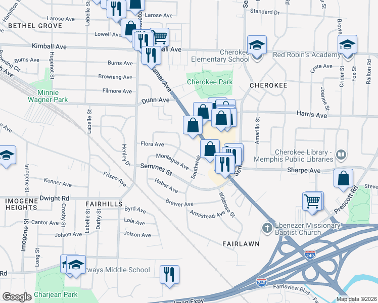 map of restaurants, bars, coffee shops, grocery stores, and more near 2910 Flora Avenue in Memphis
