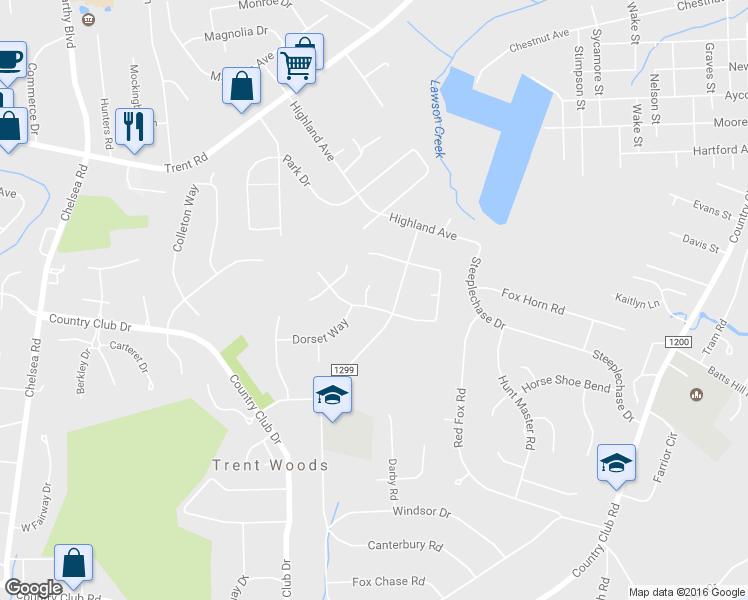 map of restaurants, bars, coffee shops, grocery stores, and more near 1000 Cambridge Way in Trent Woods