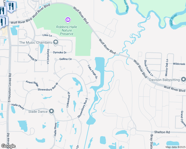 map of restaurants, bars, coffee shops, grocery stores, and more near 2223 Lake Page Drive in Collierville