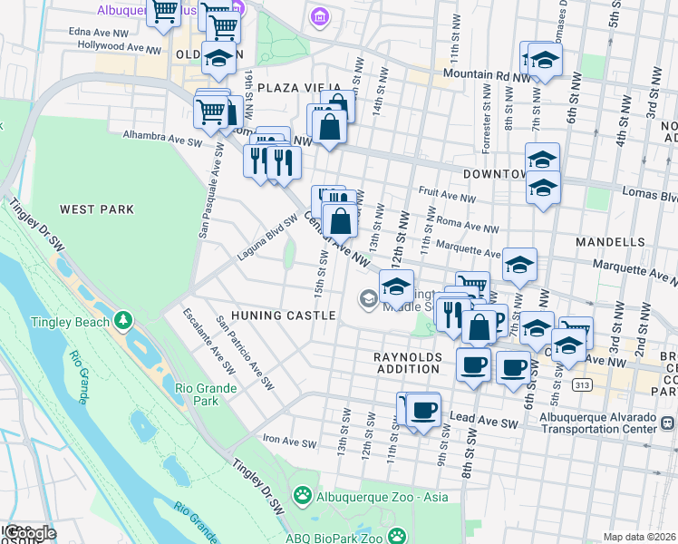 map of restaurants, bars, coffee shops, grocery stores, and more near 117 14th Street Southwest in Albuquerque