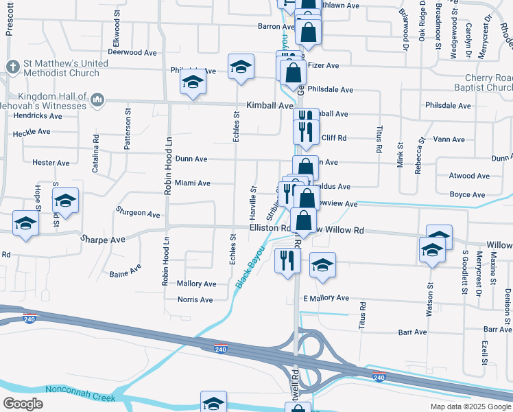 map of restaurants, bars, coffee shops, grocery stores, and more near 1600 Harville Street in Memphis
