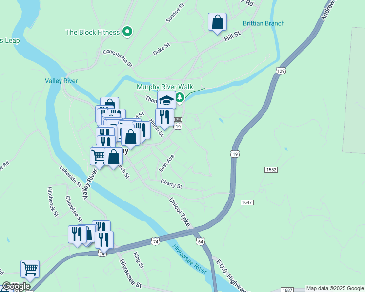 map of restaurants, bars, coffee shops, grocery stores, and more near 79 Dillard Street in Murphy