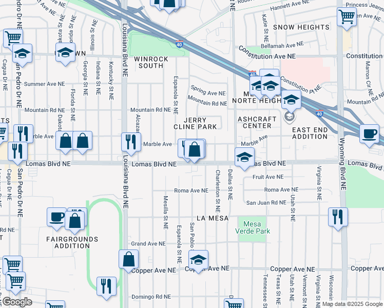 map of restaurants, bars, coffee shops, grocery stores, and more near 7601 Lomas Boulevard Northeast in Albuquerque