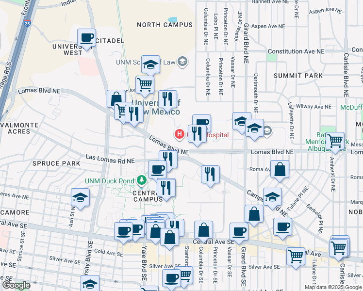 map of restaurants, bars, coffee shops, grocery stores, and more near 2099 Lomas Boulevard Northeast in Albuquerque