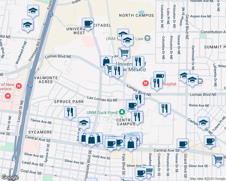 map of restaurants, bars, coffee shops, grocery stores, and more near 1817 Sigma Chi Road Northeast in Albuquerque