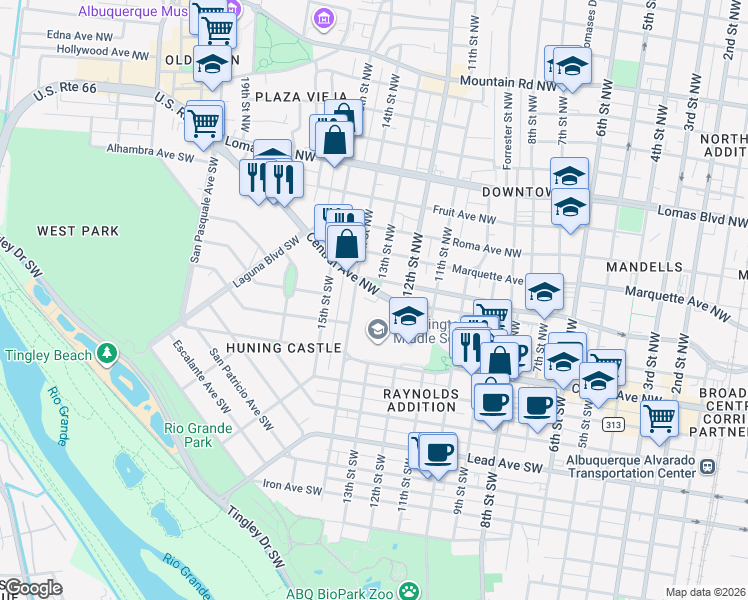 map of restaurants, bars, coffee shops, grocery stores, and more near 1228 Central Avenue Southwest in Albuquerque