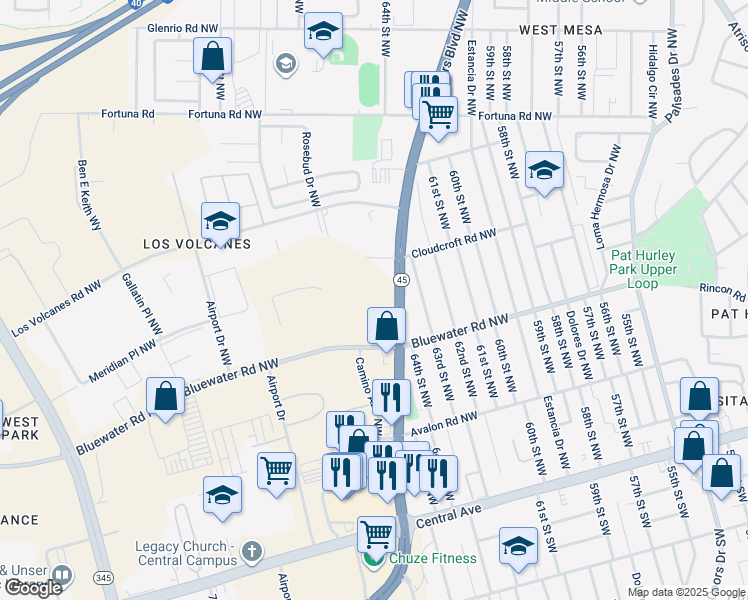 map of restaurants, bars, coffee shops, grocery stores, and more near 455 Coors Blvd NW in Albuquerque