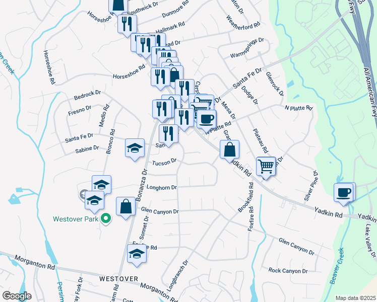 map of restaurants, bars, coffee shops, grocery stores, and more near 5436 Wichita Drive in Fayetteville
