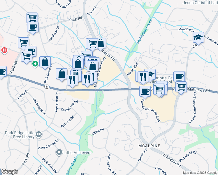 map of restaurants, bars, coffee shops, grocery stores, and more near 8087 Charter Oak Lane in Charlotte