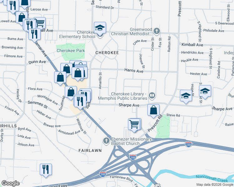 map of restaurants, bars, coffee shops, grocery stores, and more near 1594 Galveston Street in Memphis