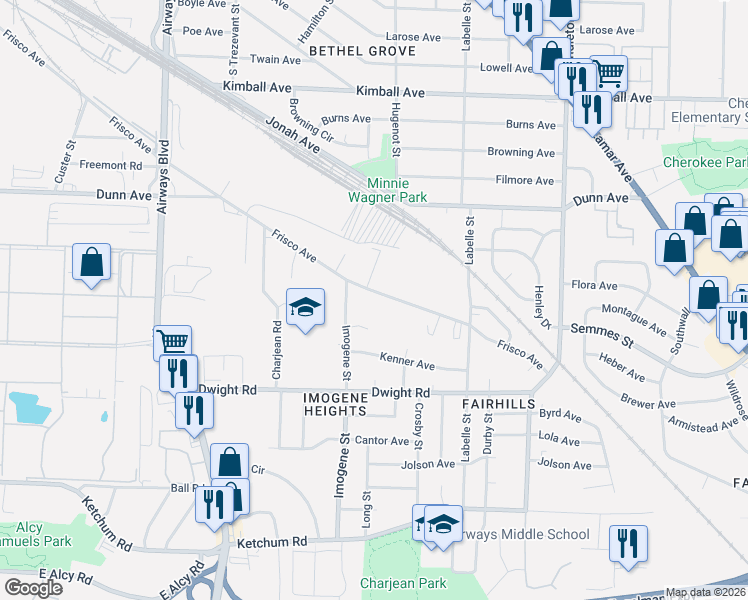 map of restaurants, bars, coffee shops, grocery stores, and more near 2511 Frisco Avenue in Memphis