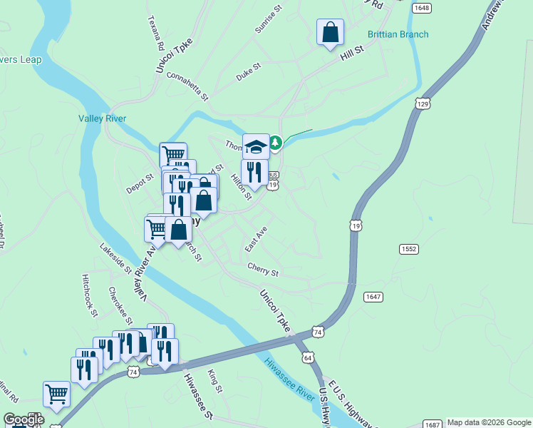 map of restaurants, bars, coffee shops, grocery stores, and more near 244 Valley River Avenue in Murphy