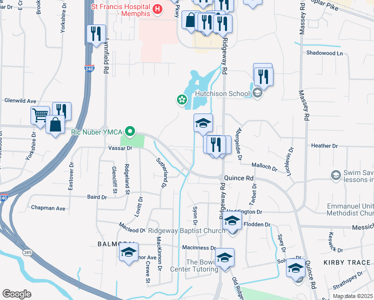 map of restaurants, bars, coffee shops, grocery stores, and more near 6030 Bangalore Court in Memphis