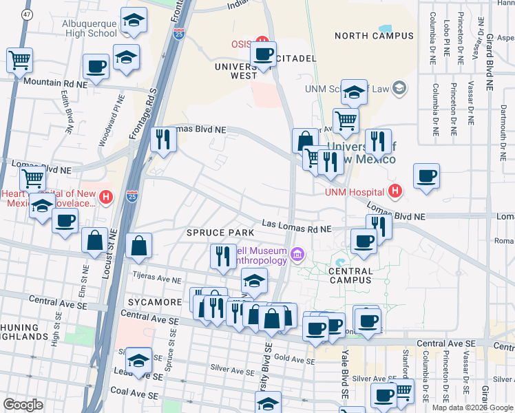 map of restaurants, bars, coffee shops, grocery stores, and more near 1418 Sigma Chi Road Northeast in Albuquerque