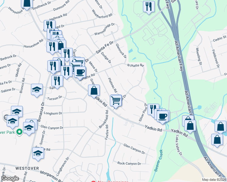map of restaurants, bars, coffee shops, grocery stores, and more near 5419 Plateau Road in Fayetteville