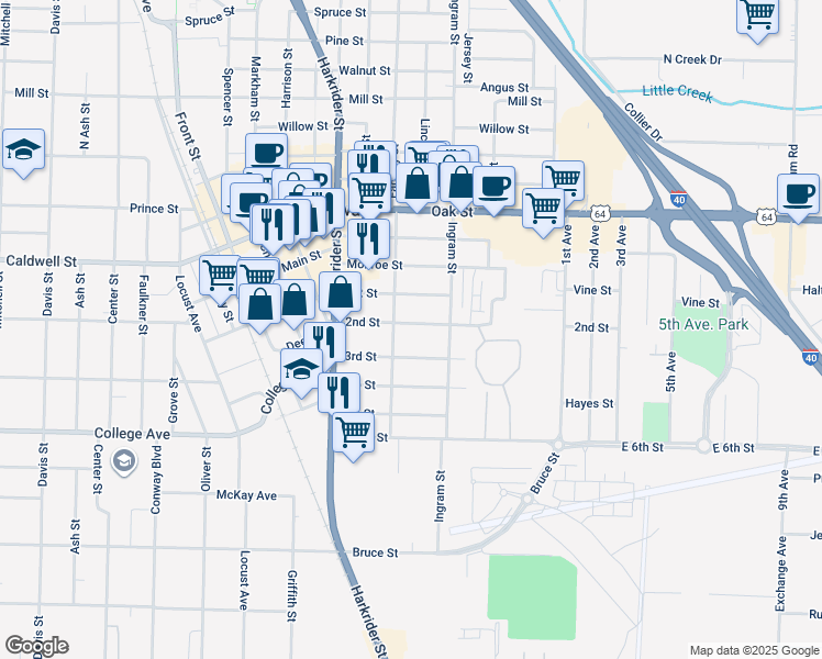 map of restaurants, bars, coffee shops, grocery stores, and more near 609 2nd Street in Conway