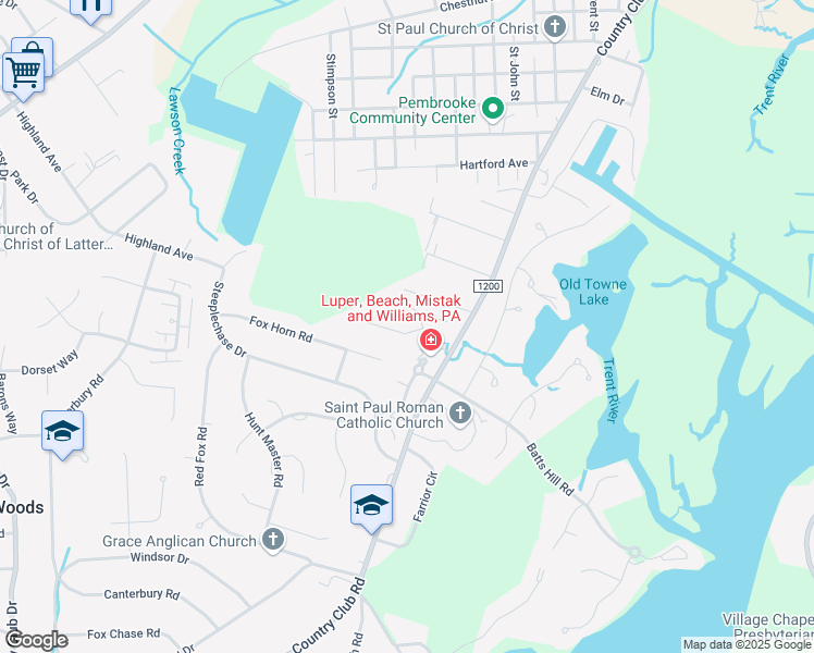 map of restaurants, bars, coffee shops, grocery stores, and more near 104 Kaitlyn Lane in Trent Woods