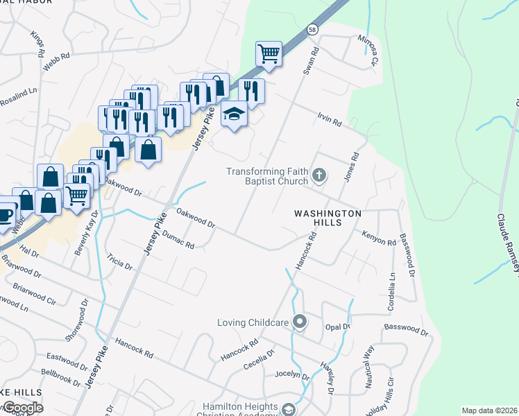 map of restaurants, bars, coffee shops, grocery stores, and more near 4818 Swan Road in Chattanooga