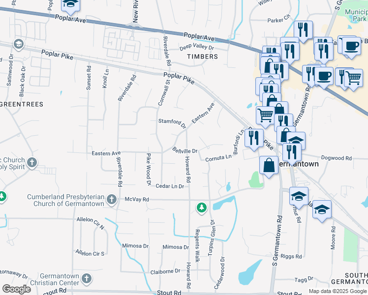 map of restaurants, bars, coffee shops, grocery stores, and more near 2239 Howard Road in Germantown