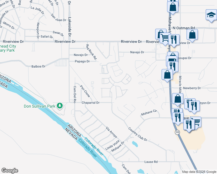 map of restaurants, bars, coffee shops, grocery stores, and more near 1139 Pear Tree Lane in Bullhead City