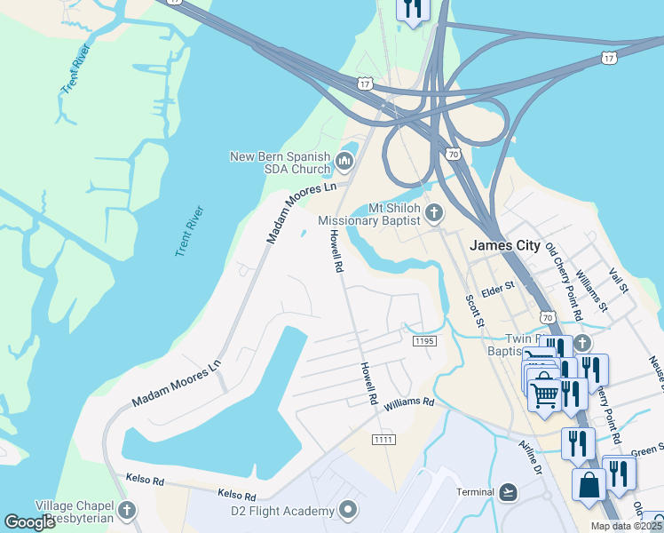 map of restaurants, bars, coffee shops, grocery stores, and more near 503 Howell Road in New Bern