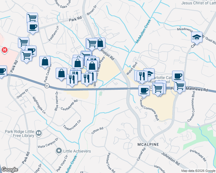 map of restaurants, bars, coffee shops, grocery stores, and more near 8087 Charter Oak Lane in Charlotte