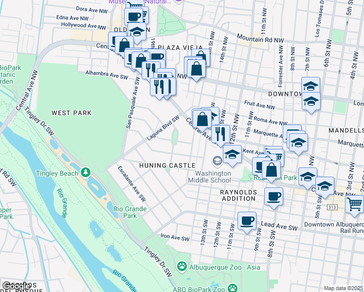 map of restaurants, bars, coffee shops, grocery stores, and more near 1516 San Cristobal Road Southwest in Albuquerque