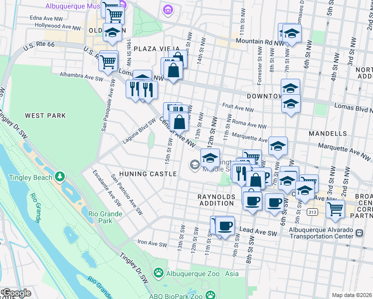 map of restaurants, bars, coffee shops, grocery stores, and more near 1228 Central Avenue Southwest in Albuquerque