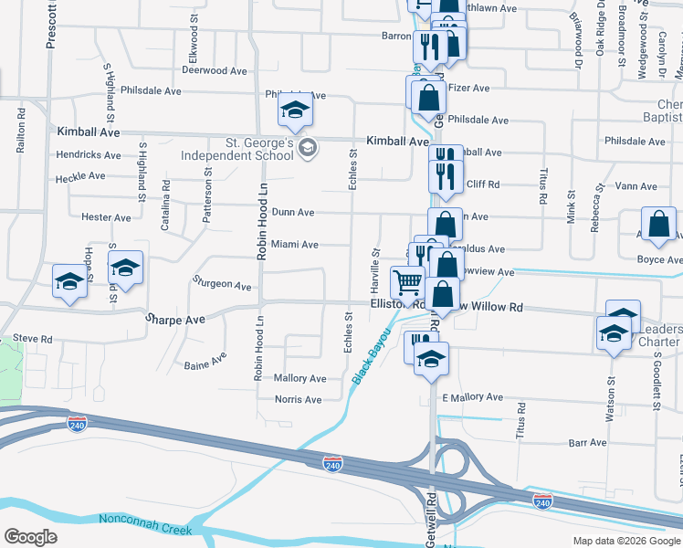 map of restaurants, bars, coffee shops, grocery stores, and more near 1601 Echles Street in Memphis