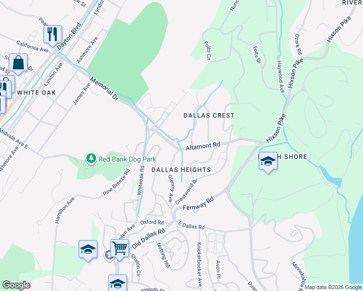 map of restaurants, bars, coffee shops, grocery stores, and more near 911 Altamont Road in Chattanooga
