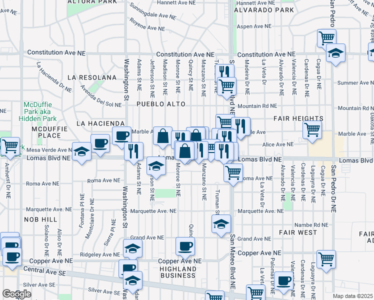 map of restaurants, bars, coffee shops, grocery stores, and more near 611 Quincy Street Northeast in Albuquerque