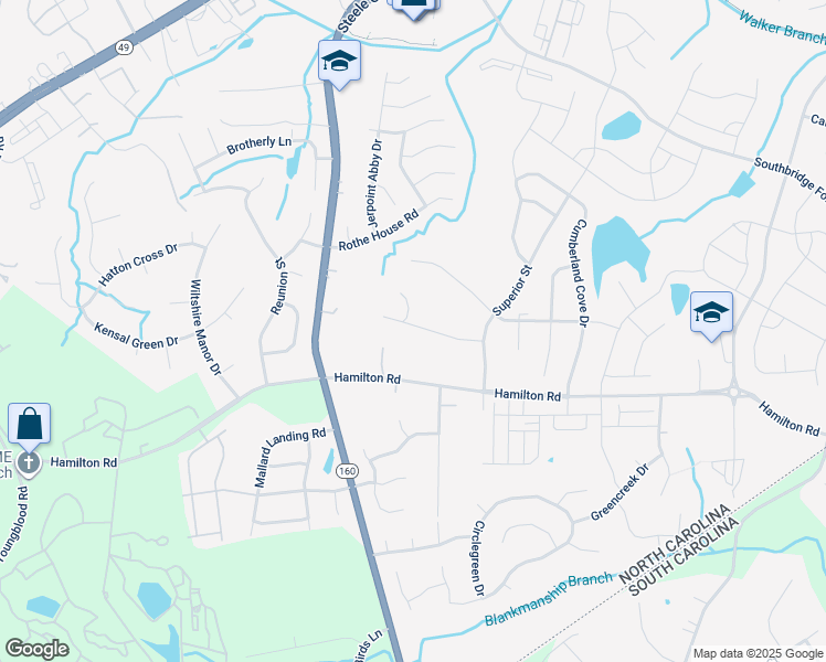 map of restaurants, bars, coffee shops, grocery stores, and more near 12927 Lake Erie Lane in Charlotte