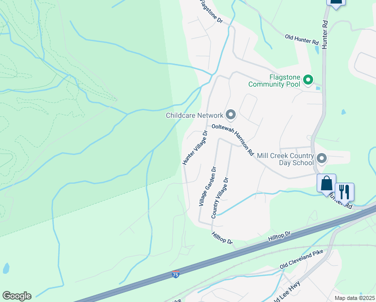 map of restaurants, bars, coffee shops, grocery stores, and more near 5325 Hunter Village Drive in Ooltewah
