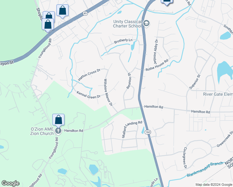 map of restaurants, bars, coffee shops, grocery stores, and more near 15310 Orkney Court in Charlotte