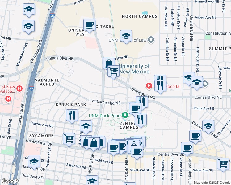 map of restaurants, bars, coffee shops, grocery stores, and more near 1817 Sigma Chi Road Northeast in Albuquerque