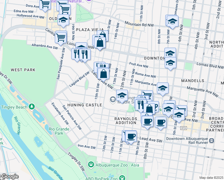 map of restaurants, bars, coffee shops, grocery stores, and more near 1228 Central Avenue Southwest in Albuquerque