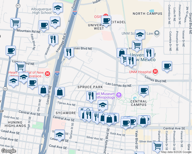 map of restaurants, bars, coffee shops, grocery stores, and more near 1315 Las Lomas Road Northeast in Albuquerque