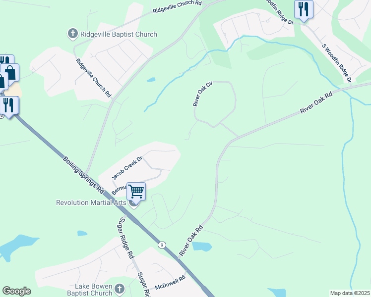 map of restaurants, bars, coffee shops, grocery stores, and more near 281 Riveroak Road in Inman