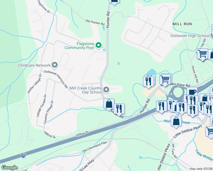 map of restaurants, bars, coffee shops, grocery stores, and more near 8729 Windhaven Road in Ooltewah