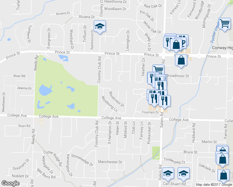 map of restaurants, bars, coffee shops, grocery stores, and more near 625 Northwind Circle in Conway