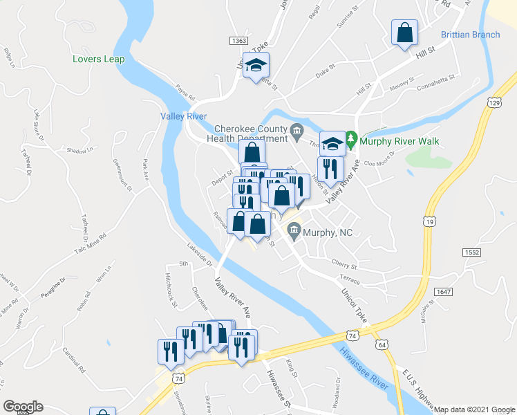 map of restaurants, bars, coffee shops, grocery stores, and more near 15 Tennessee Street in Murphy