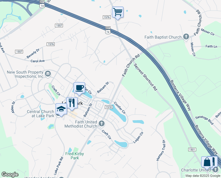 map of restaurants, bars, coffee shops, grocery stores, and more near 6002 Amber Court in Indian Trail