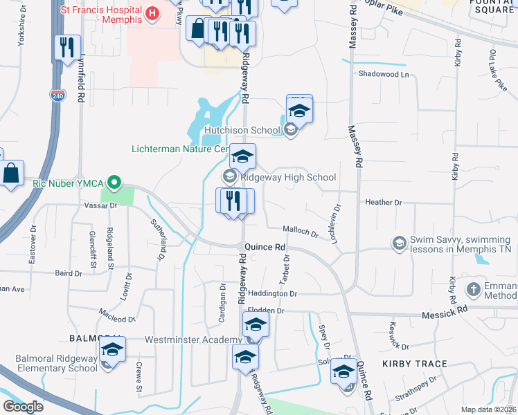 map of restaurants, bars, coffee shops, grocery stores, and more near 2121 Abergeldie Drive in Memphis