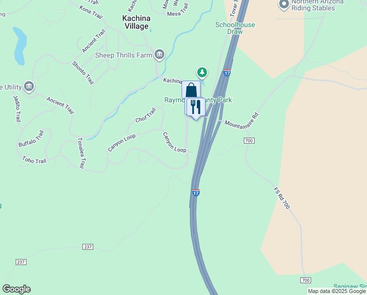 map of restaurants, bars, coffee shops, grocery stores, and more near 3608 Kachina Trail in Flagstaff