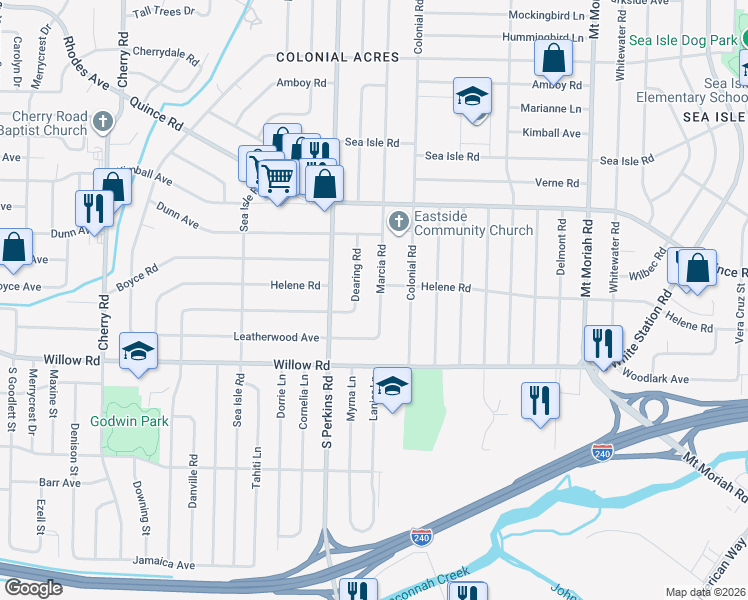 map of restaurants, bars, coffee shops, grocery stores, and more near 1598 Dearing Road in Memphis