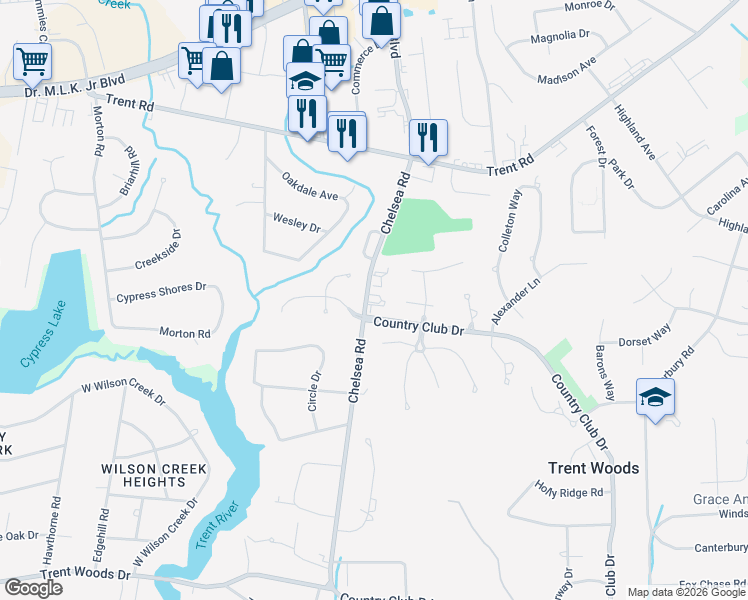 map of restaurants, bars, coffee shops, grocery stores, and more near 900 Chelsea Road in Trent Woods
