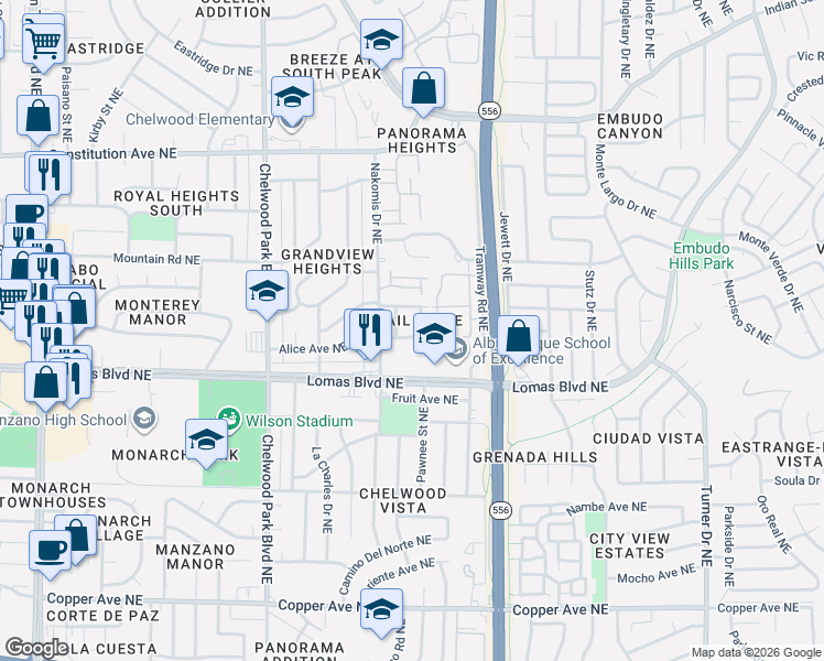 map of restaurants, bars, coffee shops, grocery stores, and more near 1000 Pawnee Street Northeast in Albuquerque