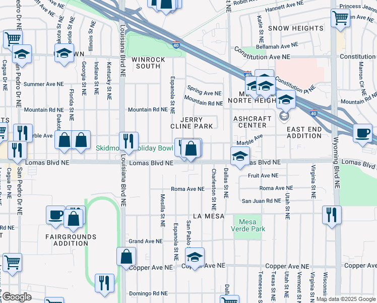 map of restaurants, bars, coffee shops, grocery stores, and more near 7601 Lomas Boulevard Northeast in Albuquerque